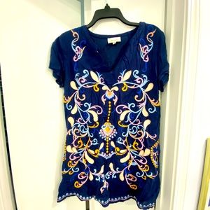 Skies are Blue Navy Floral Embroidered Short Sleeve Tunic Top Dress sz M Med